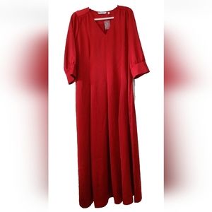 NEW Soft Surroundings L V-Neck 3/4 Sleeve Satin Maxi Dress Red Unlined 2EN32
